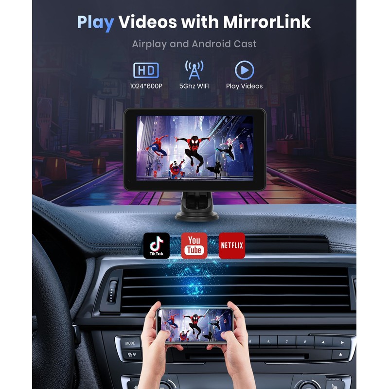 Podofo Wireless Carplay Screen for Car,7inch 1080P HD IPS Touch