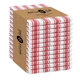 Native Fab Stripe Kitchen Towels - 100% Cotton - 12 Pack - 16"x26" - Basket Weave Striped Tea Towels, Dish Cloths for Drying Dishes, Absorbent, Quick Dry Towels Set with Hanging Loop - Red White