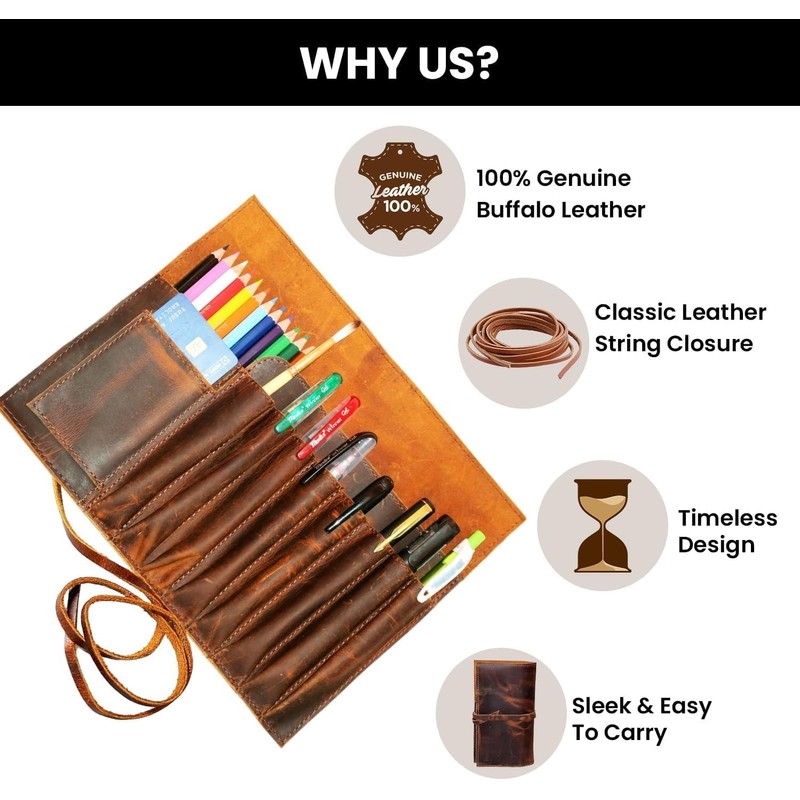 Jaald Genuine Leather Pencil Roll Brush Case Pen Holder Organizer