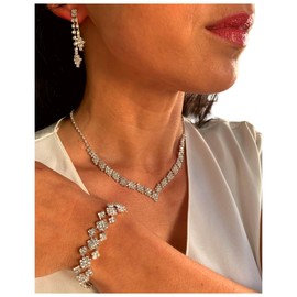ONDEGO® 3er Set V SILBER Strass Schmuck Kette Schmuckset Armband Hochzeit Collier Halskette Brautschmuck Kommunion Ball Abiball