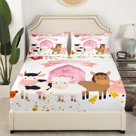 Juego de sábanas bajeras de vaca de tamaño individual para niños, niñas, adolescentes, lindas sábanas de cerdo, oveja, pollo, transpirable, bolsillo profundo, decoración rústica de habitación de campo