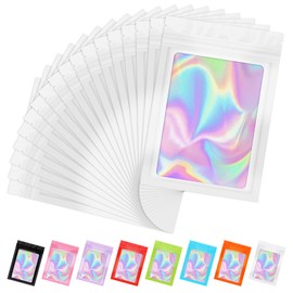 JTIEO 50Pcs Resealable Bags for Food Storage 4x6Inch Holographic Bags with Clear Window Foil Pouch Packaging Bag Self Sealing Bag for Party Favors, Lipgloss, Jewelry, Candy White