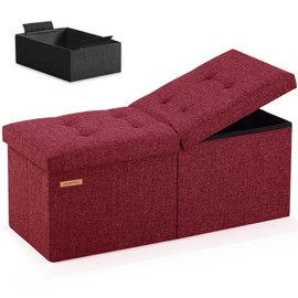 HAUSFRAU 31.5 Inches Ottoman with Storage Bench, Folding Ottoman Bench Small Foot Rest Stool, Bedroom Bench with Flipping Lid, Linen Bordeaux