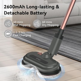 Cordless Electric Mop, Electric Floor Cleaner with Water Sprayer & LED Headlights, Up to 60 mins Lasting Time, Powerful Spin Mop with Extendable Tube, Self-Propelled, Floor Cleaning Solution included