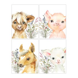 Farm Animal Nursery Little Girls Room Wild flowers Decor Set of 4 Unframed Prints Pig Highland Cow Horse and Lamb
