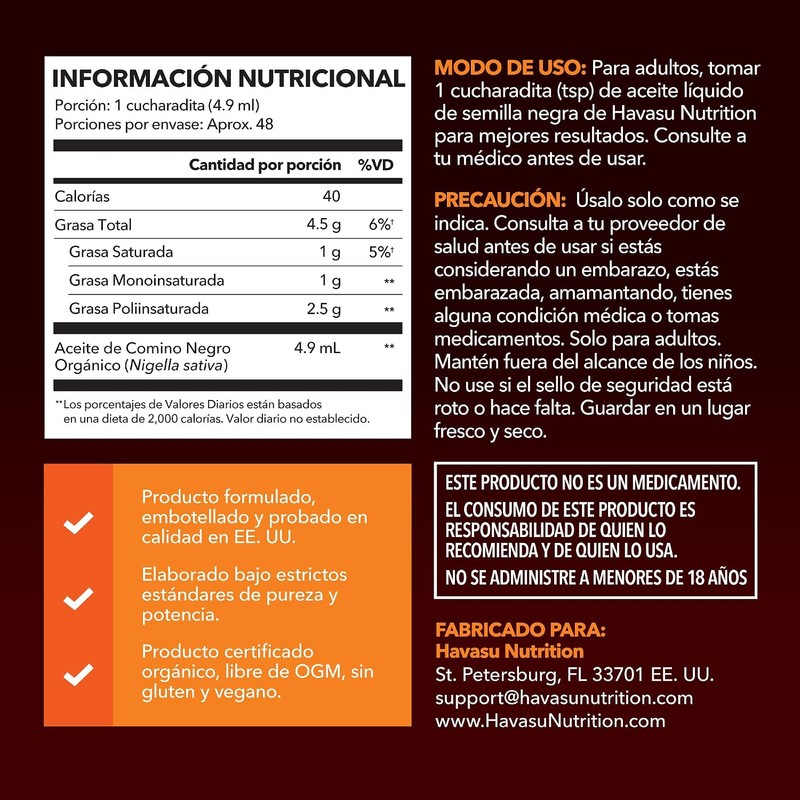 Havasu Nutrition Aceite de Semilla Negra Orgánico Prensado en Frío,