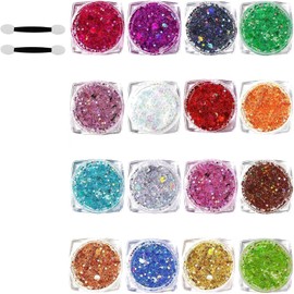16 Colores Gel de Purpurina para Cuerpo y Rostro Brillos para el Cabello y Maquillaje de Festival, Lentejuelas Holográficas, Con Aplicadores para Fiestas y Carnaval