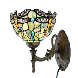 HWDFEI Tiffany Sconce Lamp Stained Glass Wall Lamp,8X10.5X11 Inch Plug in Wall Bedside Light for Hallway Bedroom (Brown Dragonfly)