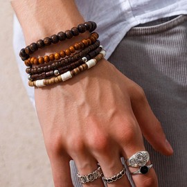 ALRNBY Mens Beaded Bracelet Wooden Bead Bracelet Set Stackable Elastic Cross Bracelet Black Brown Bead Adjustable Size (5PCS Brown)