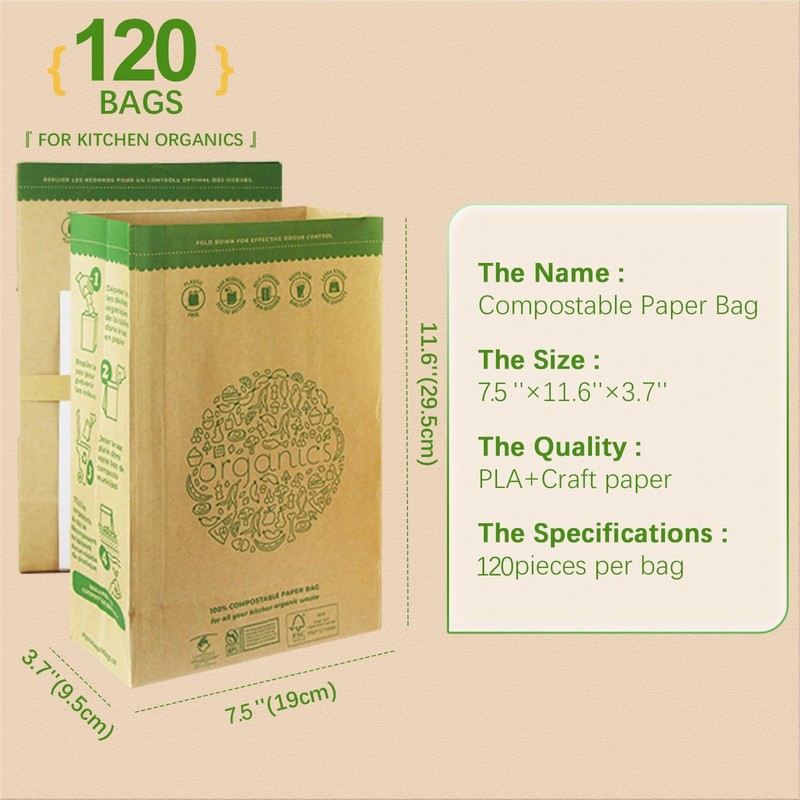 HYTREND-Kitchen Food Waste Bag-120 Bags-%100 Compostable paper Bag - Leak