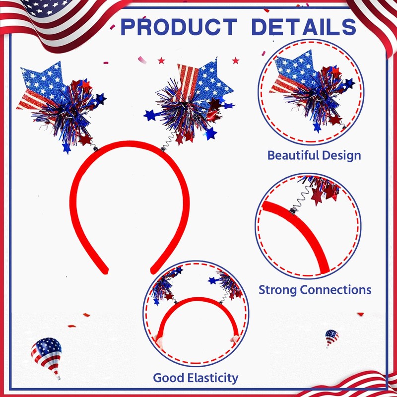 RIMYIUKU 6PCS Patriotic Head Boppers Headband, 4th of July Favors
