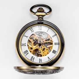 TREEWETO Hollow Mechanical Men's Pocket Watch Five-Pointed Star Skeleton Bronze Roman Numerals
