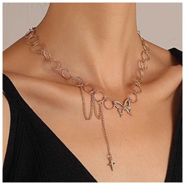 Inilbran Bohemian Open Round Circle Necklace Gold Hollow Butterfly Chain Necklace Vintage Geometric Circle Choker Necklace Boho Star Pendant Necklace Jewellery for Women and Girls