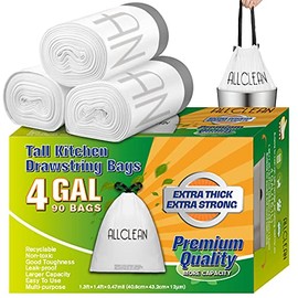 Allclean 2-4 Gallon Trash Bag,Small 4 Gallon Kitchen Drawstring Trash Bag, Unscented Bathroom Garbage Bag Waste basket Liners for Bathroom,Bedroom,office,Car(90 White Bags)