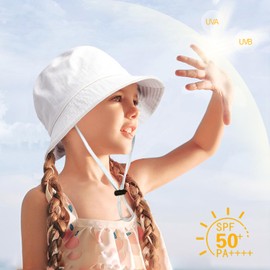 Kids Bucket Hats Summer Sun Protection Hat for Toddler Wide Brim Beach Cap for Boys Girls Age 4-8 Years（White）