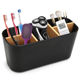 Zahnbürstenhalter Elektrische Zahnbürsten Organizers, Bad Organizer Badezimmer Organizer Schwarz, Bambus Trennwände Elektrische Zahnbürste Halterung(1 Zahnpastafach & 4 Zahnbürstenfächer)