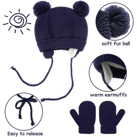 Baby Toddler Winter Beanie, Sets of Boys Girls Earflap Hat with Warm Gloves,Cute Bear Infant Knit Caps, Soft Warm Fleece Lind Knit Cap for Baby 1-4 Years Blue