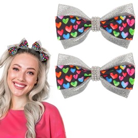 Valentine's Day Bow Hair Clips for Girls Silver Love Heart Rhinestone Hair Bow Clip Valentines Hair Accessories Sparkle Heart Bowknot Alligator Clips Holiday Headdress Hairpins for Women Teens 2PCS