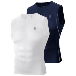 Runhit 2 Pack Compression Shirt Men Sleeveless Workout Tank Top Comfortable Sports Base Layer Undershirt Soccer White Navy Blue M
