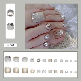 Press on Toenails Coffin with Bling Designs, Full Cover Reusable False Toenails with Adhesive Tab, Artificial Acrylic Fake Nails for Toe, Glue on Toenails with Charm, Stick on Toe Nails for Women
