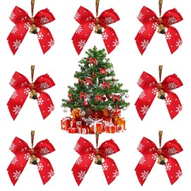 Christmas Bow, Pack of 50 Christmas Glitter Bowknots Satin Bows Festival Christmas Decorations Christmas Arch Red with Snowflakes Bell for Christmas Tree Gift Box Decoration