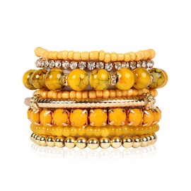 RIAH FASHION Multi Color Stretch Beaded Stackable Bracelets - Layering Bead Strand Statement Wrap Bangles (Original - Mustard, 7.0 Inches)