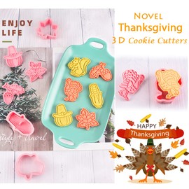 Novel Thanksgiving Cookie Cutters and Stamper, Maple Leaf, Squirrel, Hazelnuts, Turkey, Corn, Pumpkin 3D Cookie Cutters Set for Thanksgiving Baking (Pack of 12)