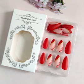 Valentines Press on Nails Medium Almond Fake Nails with Heart Line Designs Red Matte False Nails Sweet Style Full Cover Glue on Nails Reusable Stick on Nails for Women Girls 24 Pcs