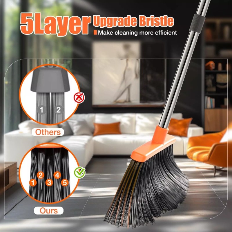 Durable Broom and Dustpan Set with 52" Adjustable Long Handle