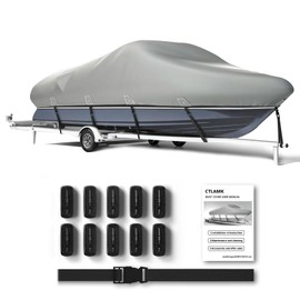 CTLAMK 600D PU Waterproof Boat Cover Fits 16-18.5ft V-Hull, Heavy Duty Marine Grade Waterproof Trailerable Boat Covers, Tri-Hull, Fishing Boat, Runabout, Pro-Style Bass Boat with Tightening Strap