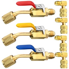 Mudder 7 Pcs Air Conditioning Refrigerant Compact Ball Valve 1/4 Inch for R410A R134A R12 R22 HVAC Adapter 5/16Inch Female to 1/4Inch Male Flare (3 Angle Ball Valve, 4 Right Angle Adapter)