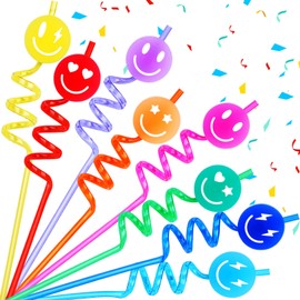 JUNUO 24 Reusable Jelly Smile Straws and 2 Cleaning Brushes,Smile Emoji Theme Birthday Party Supplies Decorations,Suitable For Bachelorette Party Baby Shower