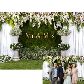 YongFoto Mr and Mrs Wedding Party Backdrop 5x3ft Floral Grass Wall White Sheer Curtain Flower Arch Photography Background Lover Marriage Proposal Bridal Shower Reception Photo Booth Props Banner