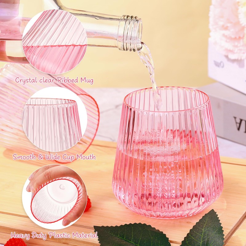 24 Pack Pink Plastic Wine Cups, 14oz Disposable Stemless Ribbed