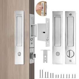 Loodmeo Pocket Door Locks&Door Edge Pull, Keyless Privacy Pocket Door Lock,Pocket Door Hardware,Pocket Door Privacy Lock,Barn Door Lock with Edge Handle (Invisibility Type-Silver)