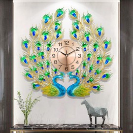 FMTAD Large Peacock Wall Clock Silent Non-Ticking,3D Creative Luxury Decorative Wall Clocks Peacock Clocks Mid Century Big Wall Clocks for Living Room Bedroom Dining Room Decor,Dia 28 inch