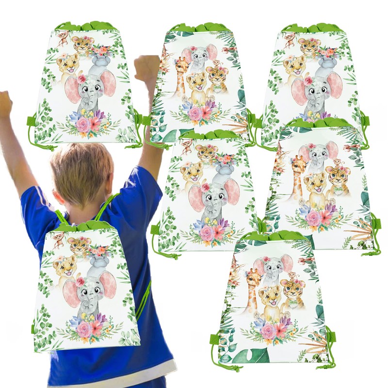 12 Pcs Jungle Animal Drawstring Backpack Set Cartoon Backpack Storage