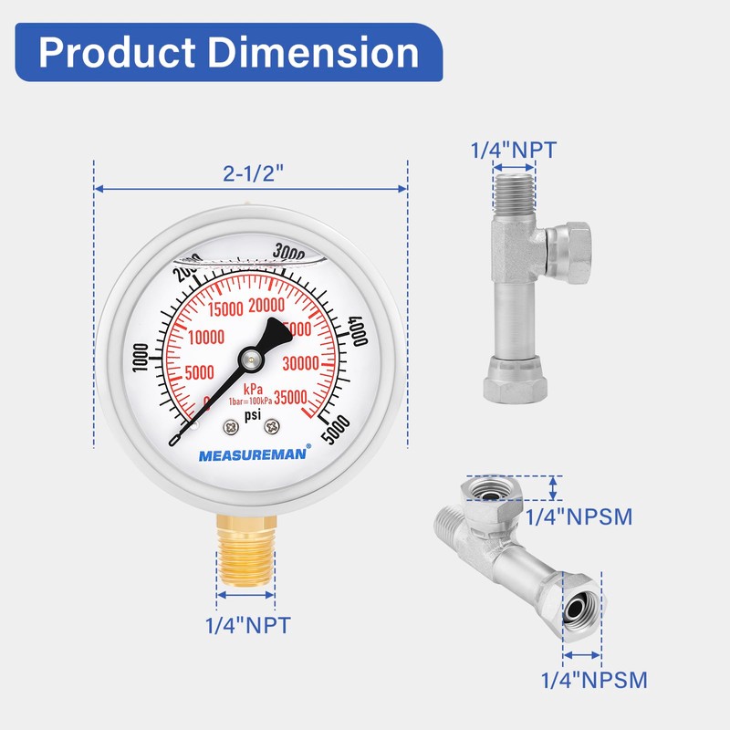 MEASUREMAN Spraying Pressure Gauge Assembly High Pressure Fluid Gauge 1/4"