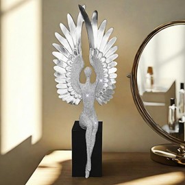 MOTIAHOOM 15 inch Spread Wings Sitting Angel Sculpture Bead Design Angel Statue Abstract Figurine for Gifts Home Decoration-Dresser Decor
