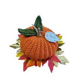 Crochet Pumpkin on Grapevine Wreath with Autumn Leaves