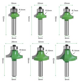 Pack of 6 Rounding Cutters for Routers, Rounding Cutter 8 mm Shank, with Ball Bearings, Carbide Round Over Cutter Bits, Tools for Woodworking, for Wood Trimming