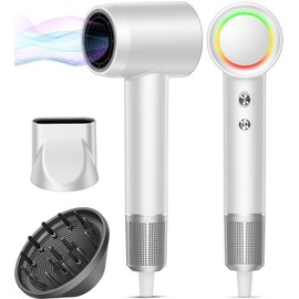 Hair Dryer, 160000 RPM Professional High-Speed Blow Dryer 500 Millions Negative Ionic Care Hair Dryer for Fast Drying, Low Noise Thermo-Control Hairdryer, Travel with Magnetic Diffuser & Nozzle, White