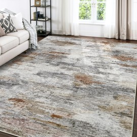 Boraya Area Rugs for Living Room: 9x12 Washable Neutral Modern Rug for Bedroom Large Soft Abstract Dining Room Rugs Indoor Floor Low Pile Carpet for Home Office Nursery - Rust Grey