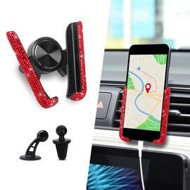 HQRNYP Bling Car Phone Holder, Phone Holders for Your Car, Rhinestone Encrusted Air Conditioner Vent Navigation Mount, 360 Degrees Adjustable Crystal Mount Holder for Most Vehicles (Red Diamond)