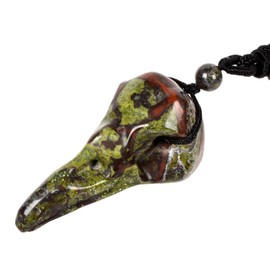 Justinstones Carved Dragon Blood Jasper Raven Skull 47mm Figurine Bird Beak Crow Head Statue Healing Animal Gothic Pendant Necklace Gemstone Jewelry Adjustable Cord 18 to 28 inch