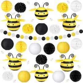 Noveread 25 Pcs Honey Bee Party Decorations Include 6 Paper Fans Lantern 6 Tissue Honeycomb Ball 6 Paper Pom Poms 6 Bee Hanging Decor Circle Dot Garland for Baby Shower Birthday, Black Yellow White