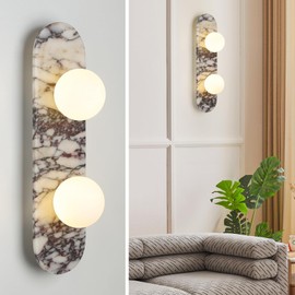 Natural Marble Wall Lights, Wabi Sabi Alabaster Texture Wall Sconce, 2-Light Japanese Style Hallway Lighting Fixture, Hardwired Stone Lamps with Glass Shade 18W for Living Room, Bedroom, Stairs