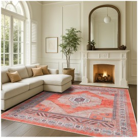 Fame Rugs Turkish Rug. Washable Vintage Oriental Antique Inspired Traditional Doormat Small Modern Area Rugs Luxury Entryway Entry Bedroom Bathroom Kitchen (380TT, 2'5 x 6'9)