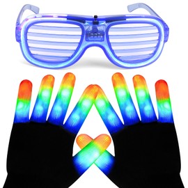 LNCOJOLM LED Light Up Glove & Glasses Party Supply Favor Easter Costume Decoration, Glowing Neon Glasses Flashing Finger Skeleton Glove Festival Outfit