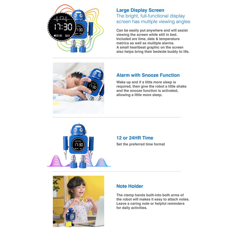 Laser Kids Robot Alarm Clock Blue, Date, Sleep Sound, Temperature,